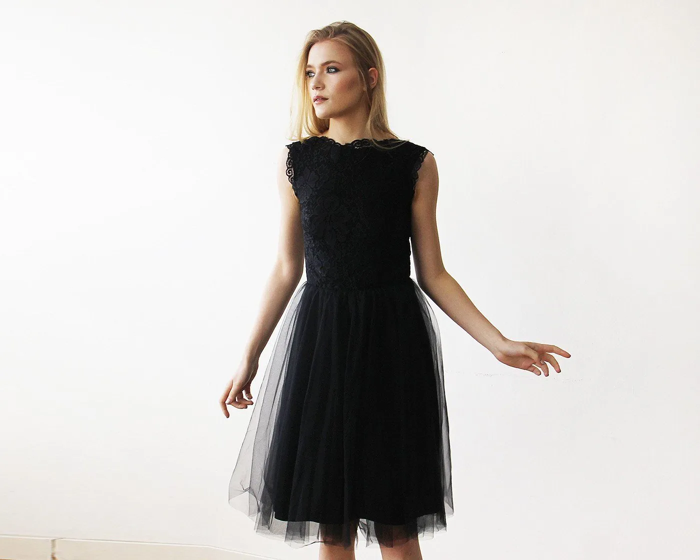 Lace And Tulle Black Sleeveless Midi Dress  #1159