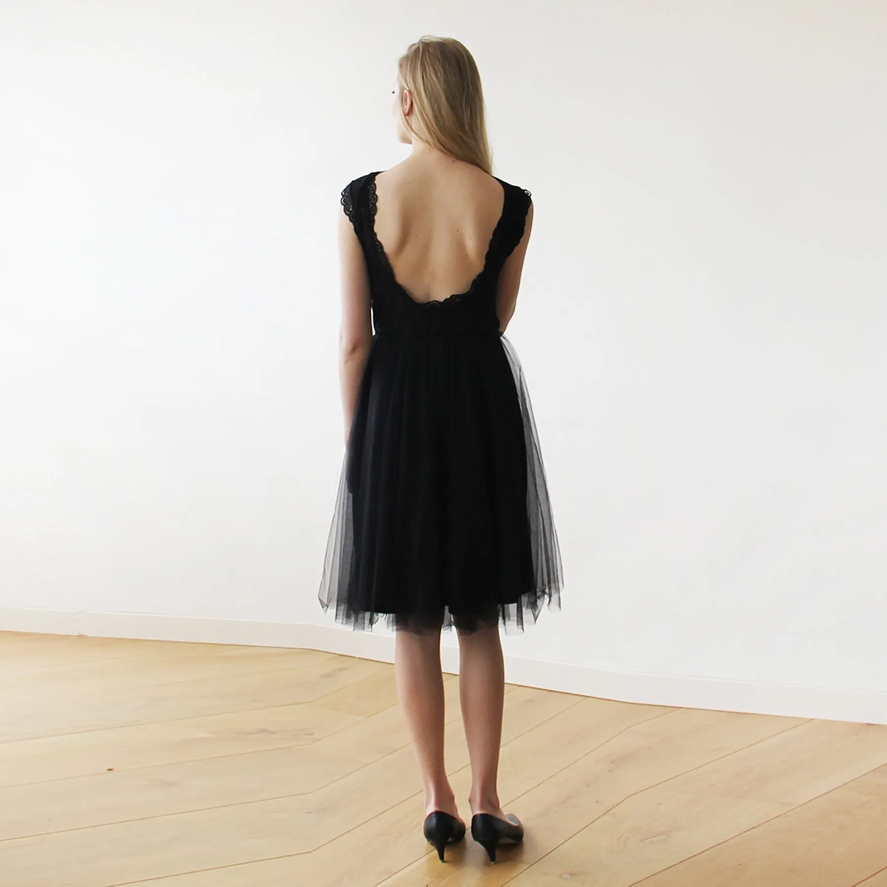 Lace And Tulle Black Sleeveless Midi Dress  #1159