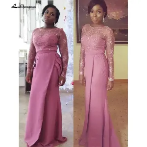 Lace Beaded Arabic Mother of the Bride Dress Long Sleeves Mermaid Satin Maid Of Honor Dress Sexy Fuchsia Evening Gowns