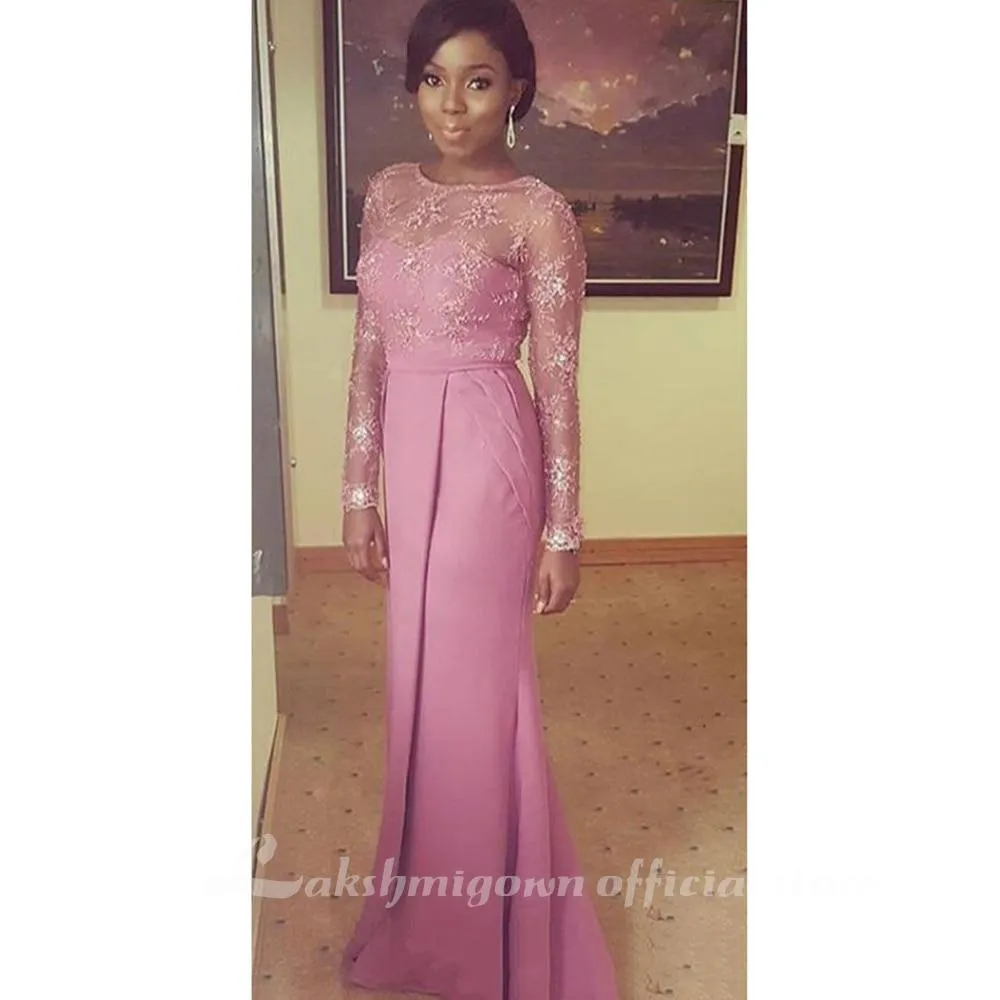 Lace Beaded Arabic Mother of the Bride Dress Long Sleeves Mermaid Satin Maid Of Honor Dress Sexy Fuchsia Evening Gowns