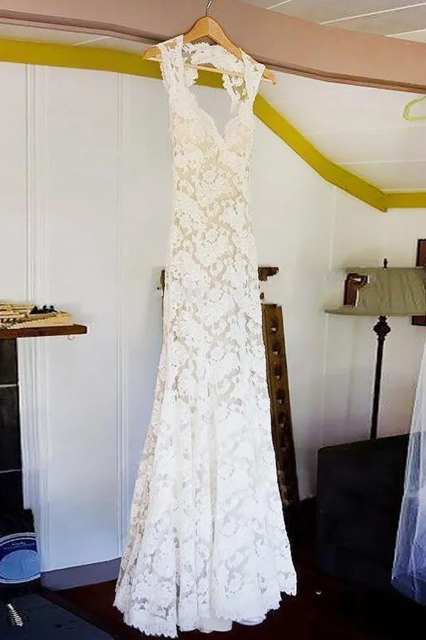 Lace Sheath V-neck Open Back Beach Wedding Dresses With Sweep Train, SW470