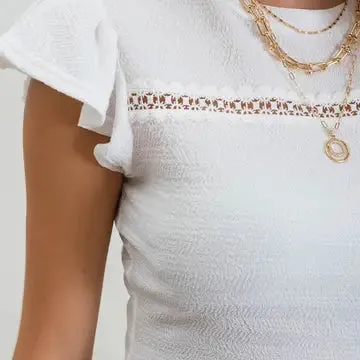 Lace Trim Ruffle Sleeve Crinkle Knit Top