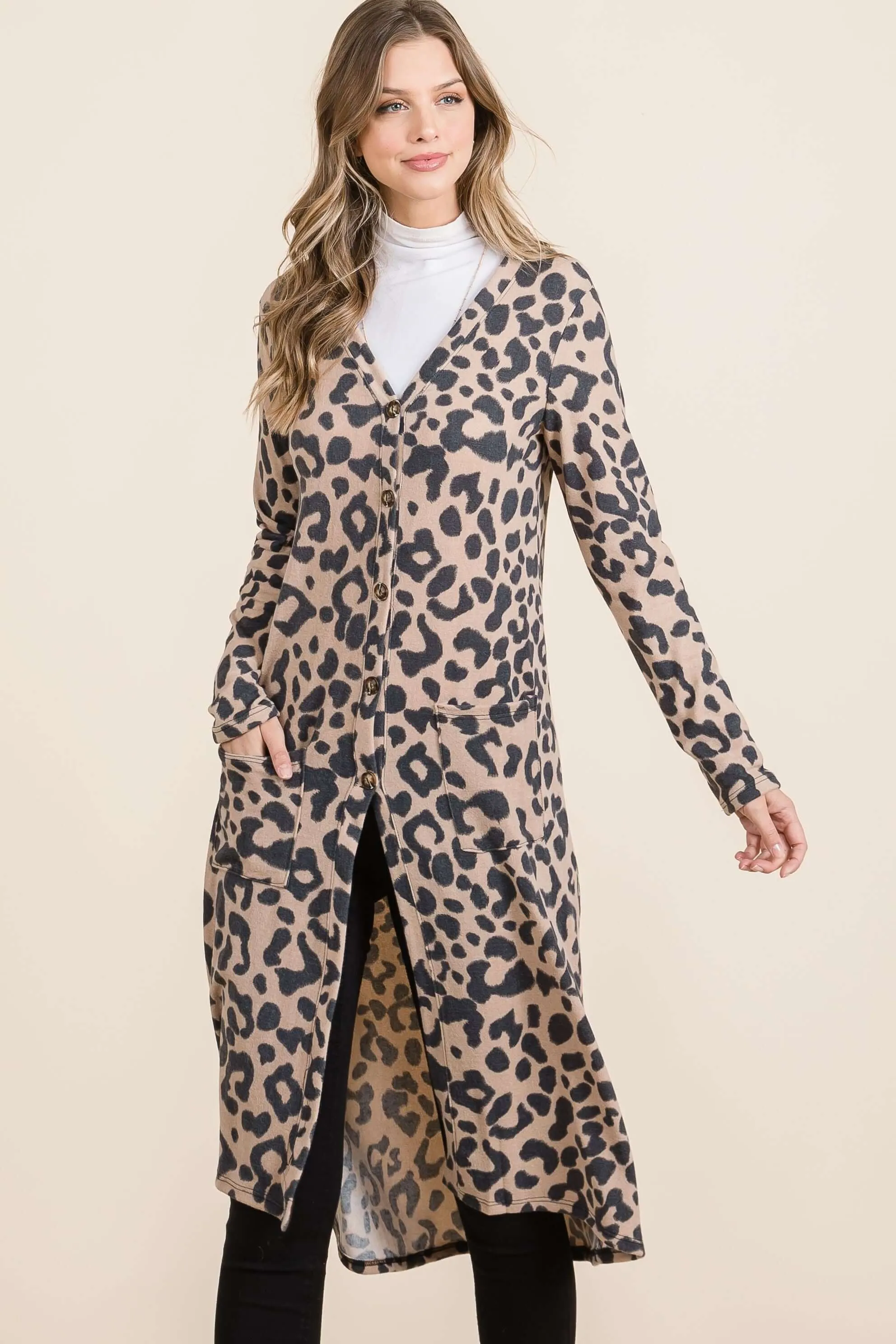 Leopard V-Neck Long Sleeve Cardigan – Trendy Animal Print