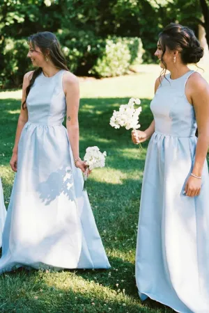 Light Blue Hollowed-out Ruched Bridesmaid Dress