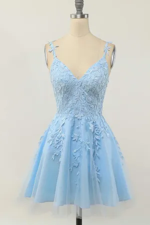 Light Blue Lace A-line Short Homecoming Dress