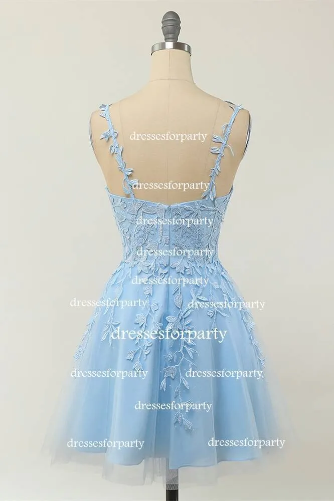Light Blue Lace A-line Short Homecoming Dress