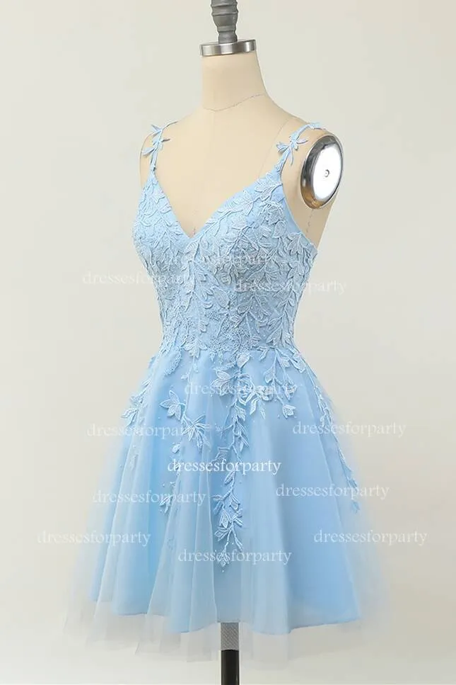 Light Blue Lace A-line Short Homecoming Dress
