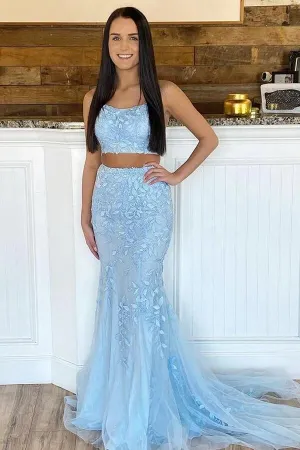 Light Blue Mermaid Two Piece Scoop Neck Lace Appliques Prom Dresses, MP754