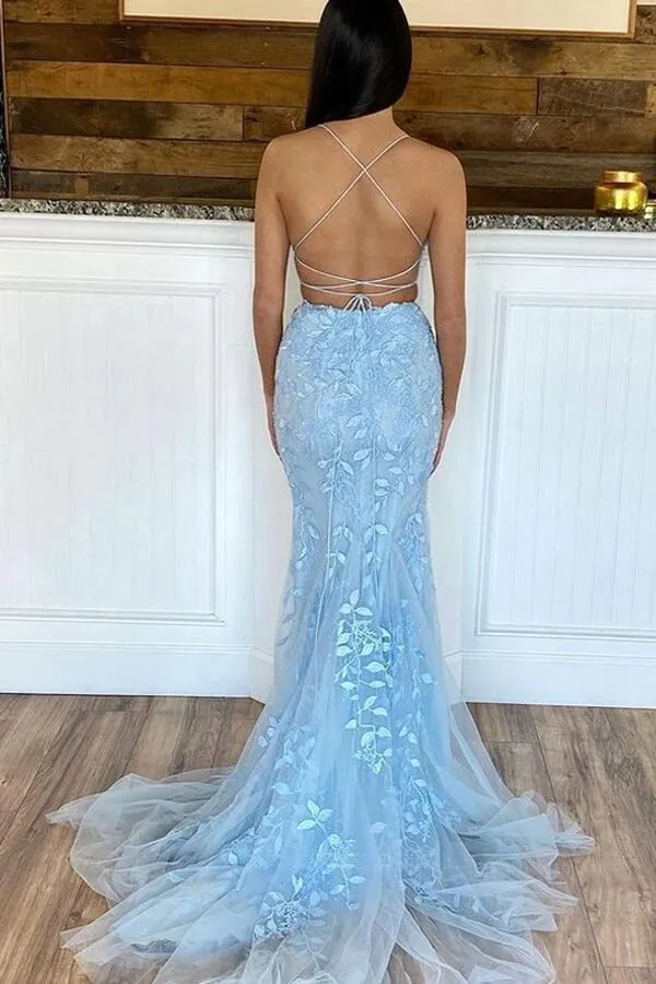 Light Blue Mermaid Two Piece Scoop Neck Lace Appliques Prom Dresses, MP754