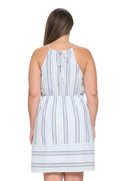 Light Blue Plus Size Spaghetti Strap Cinch Waist Stripes Dress - Pack of 6