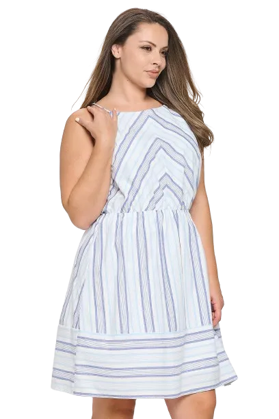 Light Blue Plus Size Spaghetti Strap Cinch Waist Stripes Dress - Pack of 6