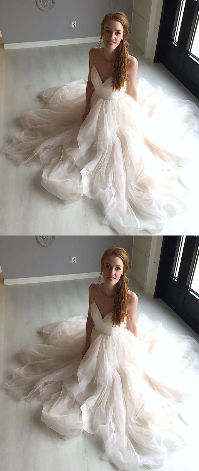 Light champagne tulle long prom dress, champagne evening dress