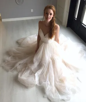 Light champagne tulle long prom dress, champagne evening dress