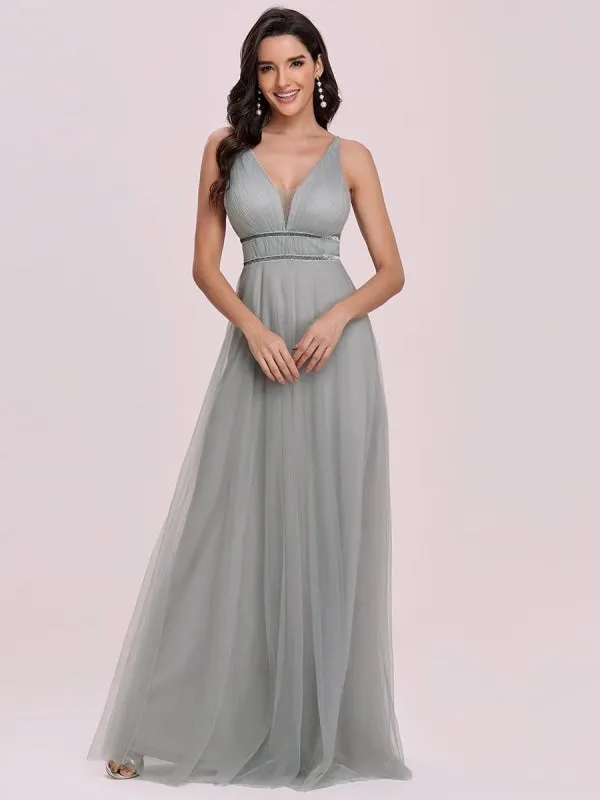 Light Grey Prom Dress A-Line V-Neck Tulle Sleeveless Sash Long Wedding Guest Dresses