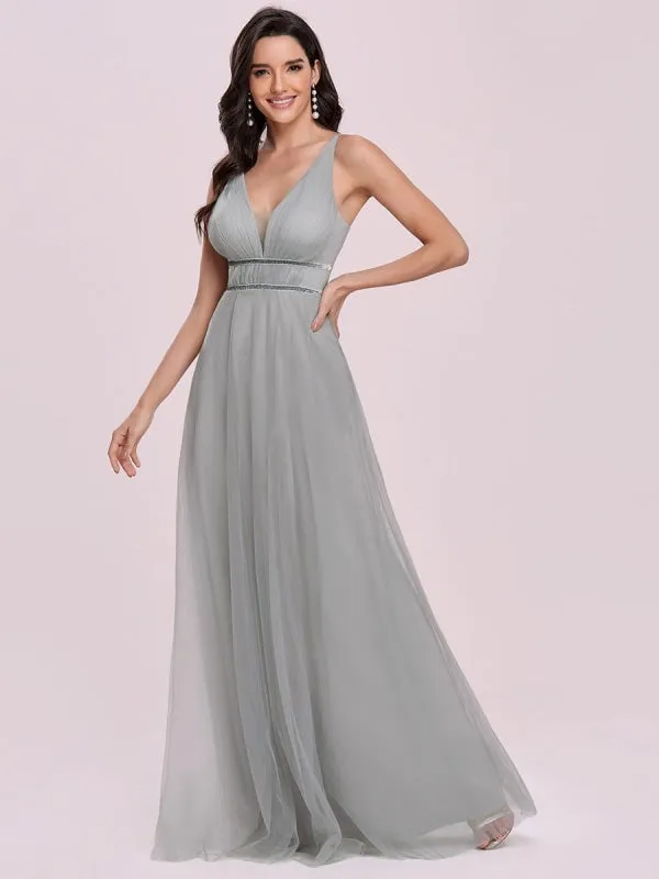 Light Grey Prom Dress A-Line V-Neck Tulle Sleeveless Sash Long Wedding Guest Dresses