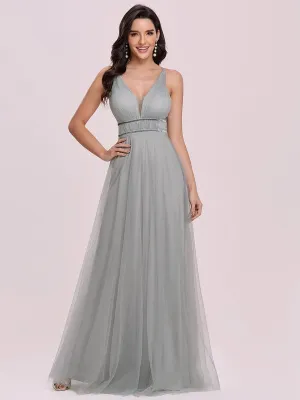 Light Grey Prom Dress A-Line V-Neck Tulle Sleeveless Sash Long Wedding Guest Dresses