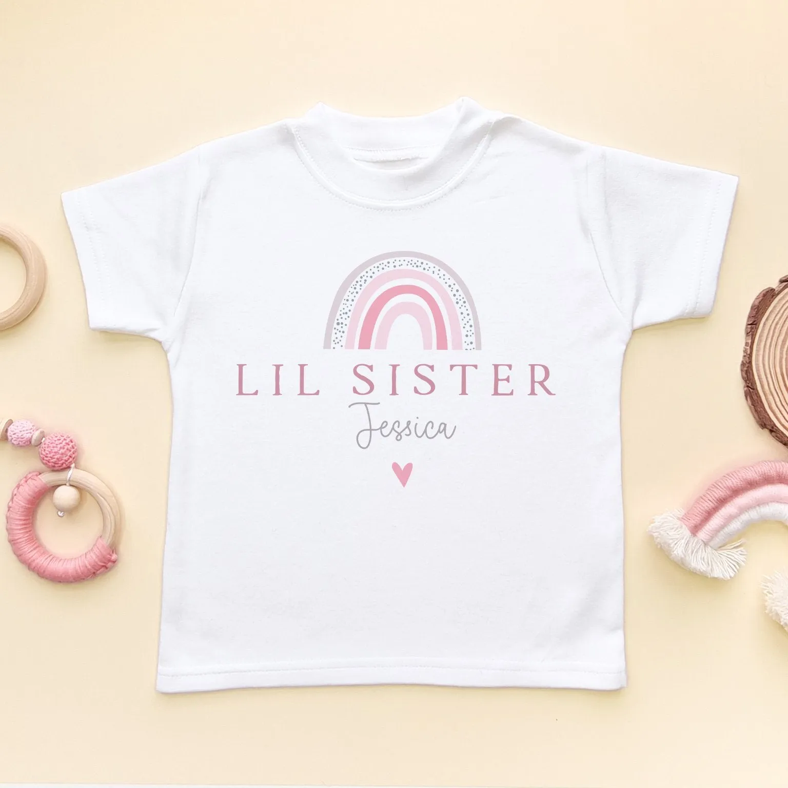 Lil Sister Pink Boho Rainbow Personalised Toddler & Kids T Shirt