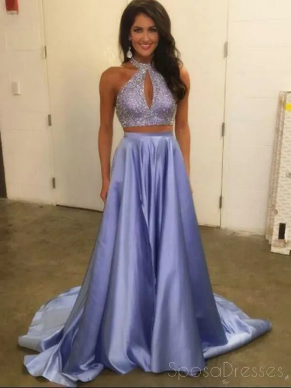 Lilac Halter Two Pieces A-line Beaded Long Evening Prom Dresses, 17583