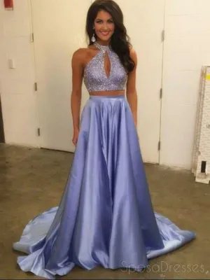 Lilac Halter Two Pieces A-line Beaded Long Evening Prom Dresses, 17583