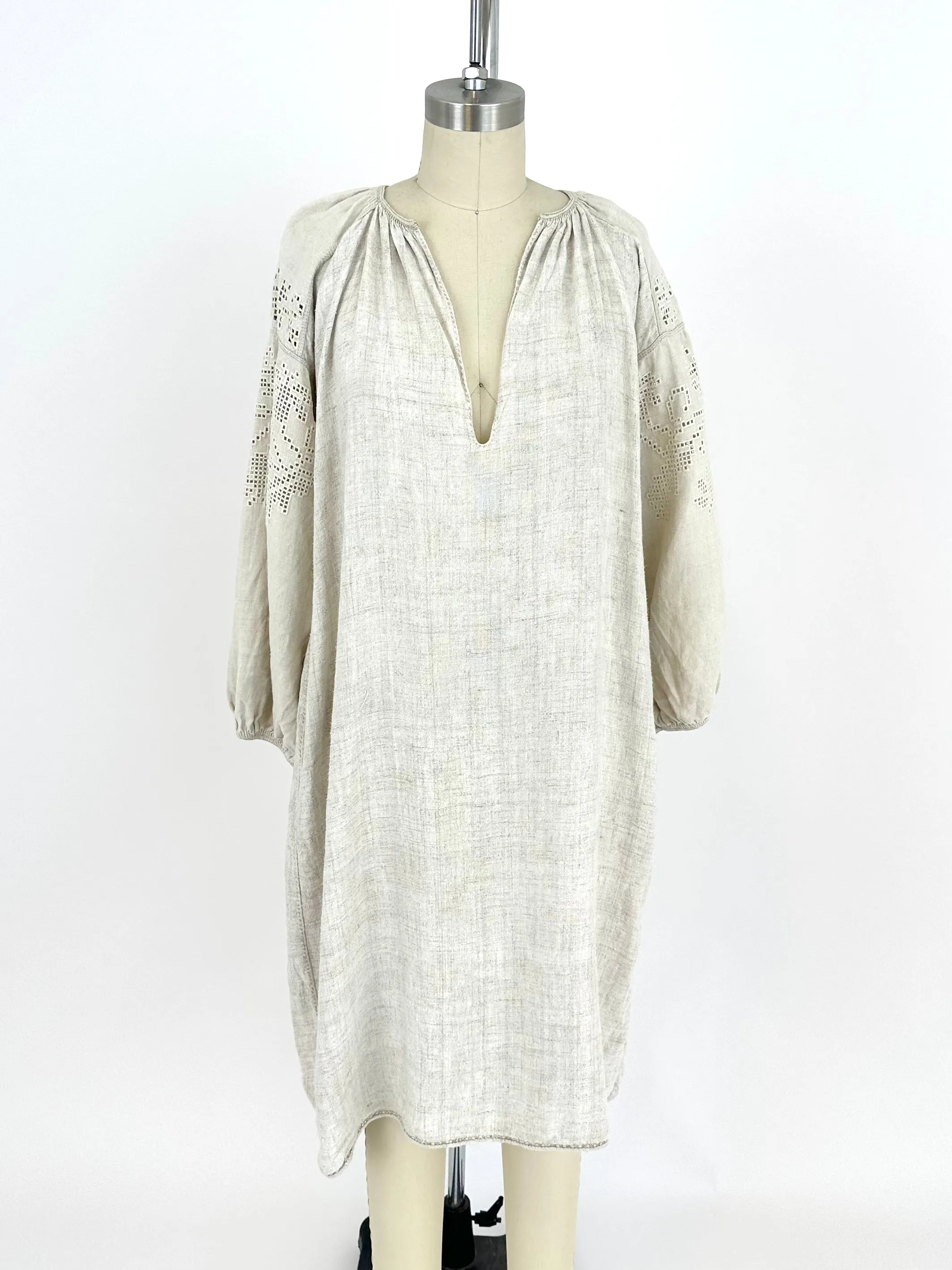 Linen Embroidered Puff Sleeve Dress