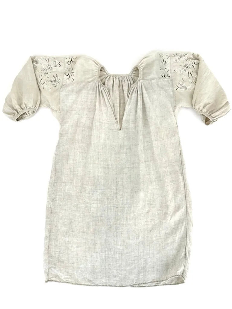 Linen Embroidered Puff Sleeve Dress