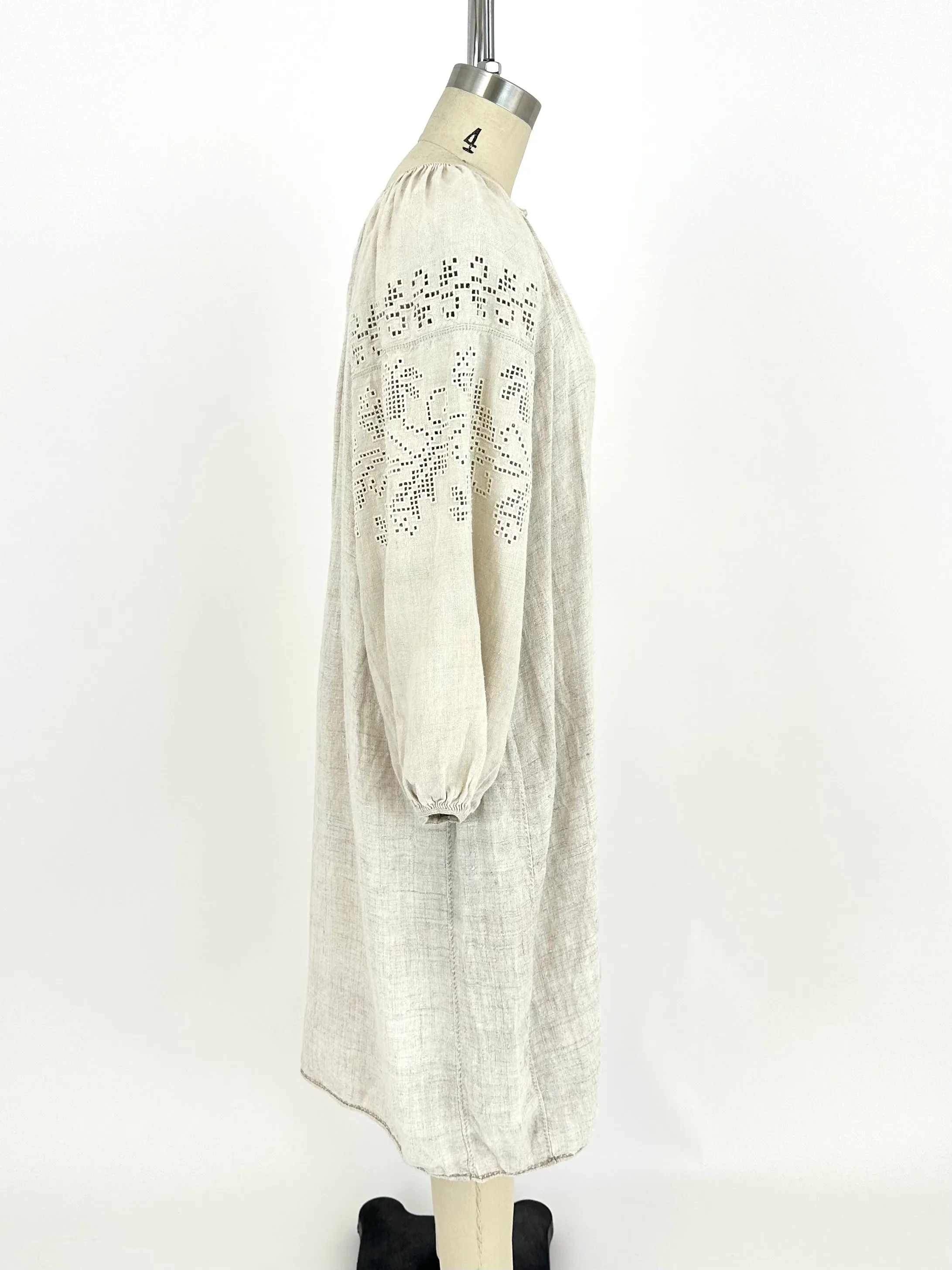 Linen Embroidered Puff Sleeve Dress