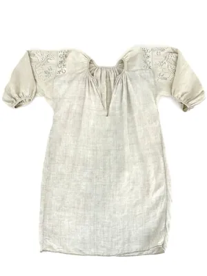 Linen Embroidered Puff Sleeve Dress