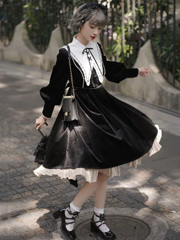 Lolita Dress 2-Piece Set Polyester Accessory Long Sleeves Ruffles Black Lolita Jumper Skirt