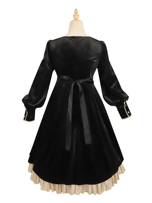 Lolita Dress 2-Piece Set Polyester Accessory Long Sleeves Ruffles Black Lolita Jumper Skirt