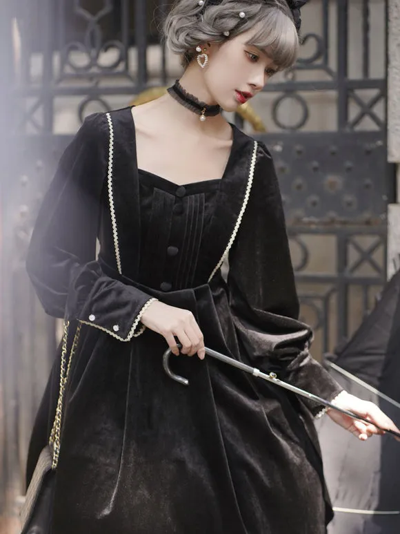 Lolita Dress 2-Piece Set Polyester Accessory Long Sleeves Ruffles Black Lolita Jumper Skirt
