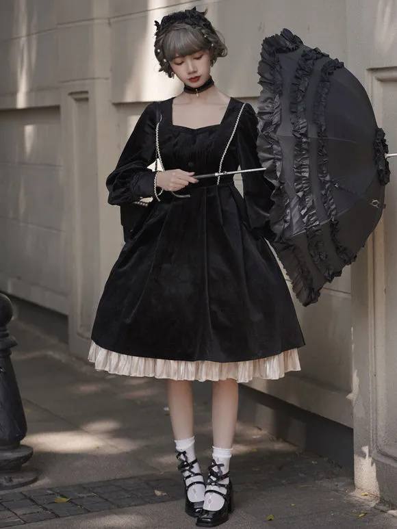 Lolita Dress 2-Piece Set Polyester Accessory Long Sleeves Ruffles Black Lolita Jumper Skirt