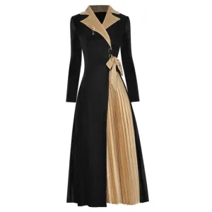 Long sleeve vintage Slim with bow Buttons Pleated dress Women