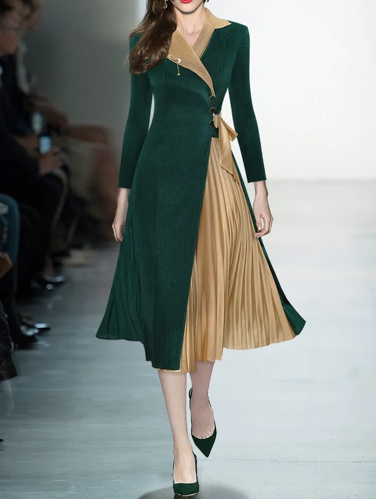 Long sleeve vintage Slim with bow Buttons Pleated dress Women
