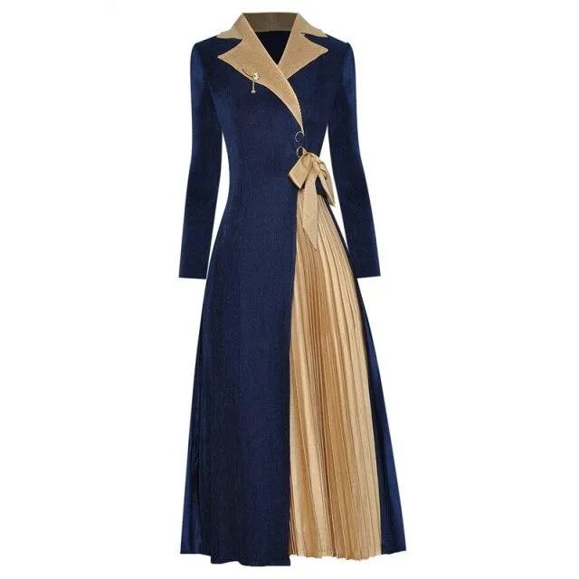 Long sleeve vintage Slim with bow Buttons Pleated dress Women