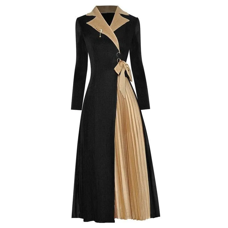 Long sleeve vintage Slim with bow Buttons Pleated dress Women