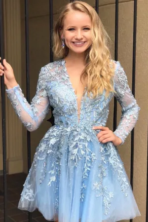 Long Sleeves V Neck Short Light Blue Lace Prom Dress, Light Blue Lace Formal Graduation Homecoming Dress