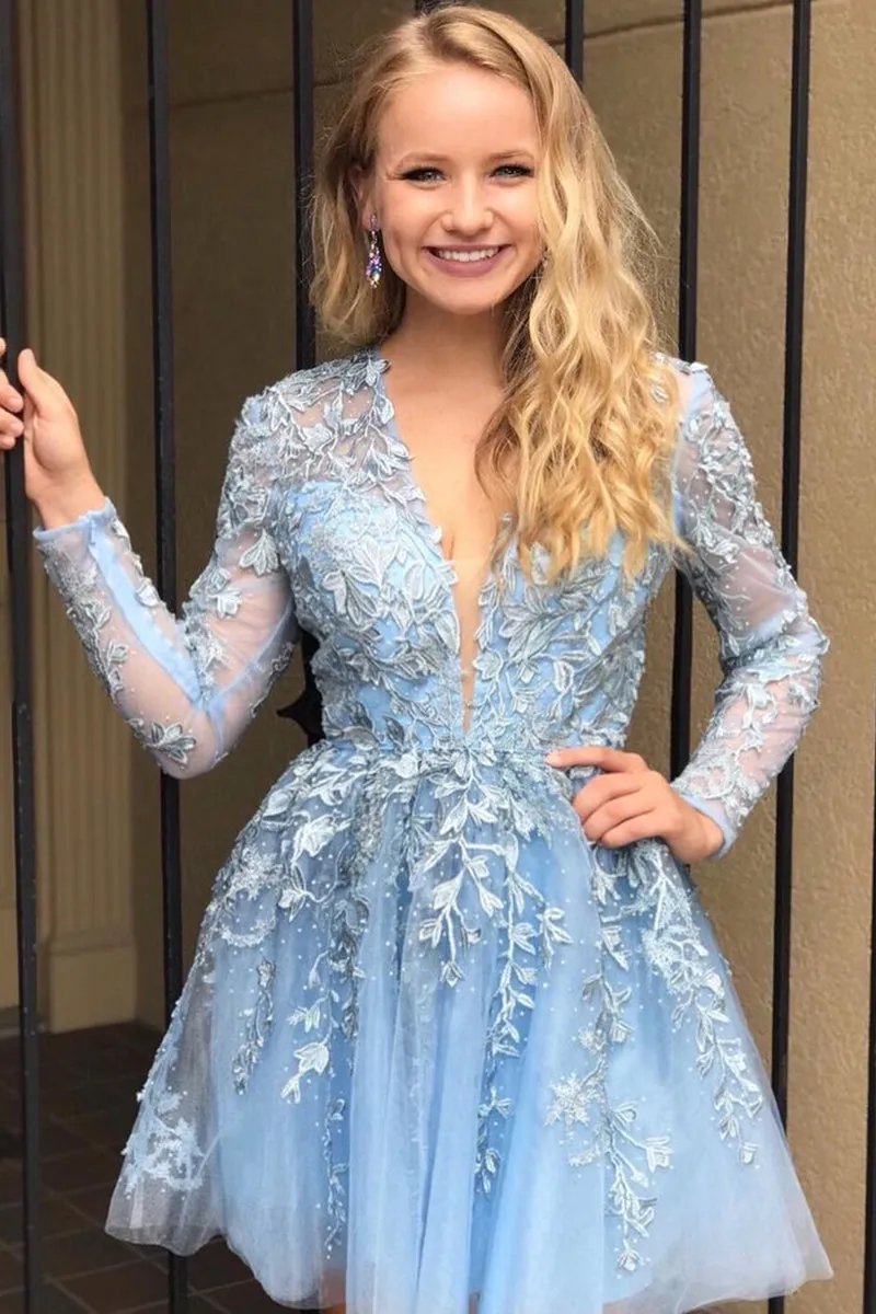 Long Sleeves V Neck Short Light Blue Lace Prom Dress, Light Blue Lace Formal Graduation Homecoming Dress