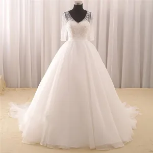 Long Wedding Dress, Hot Sale Wedding Dress, Lace Bridal Dress, Half-Sleeve Wedding Dress, Beading Wedding Dress, Tulle Wedding Dress, V-Neck Wedding Dress, LB0366