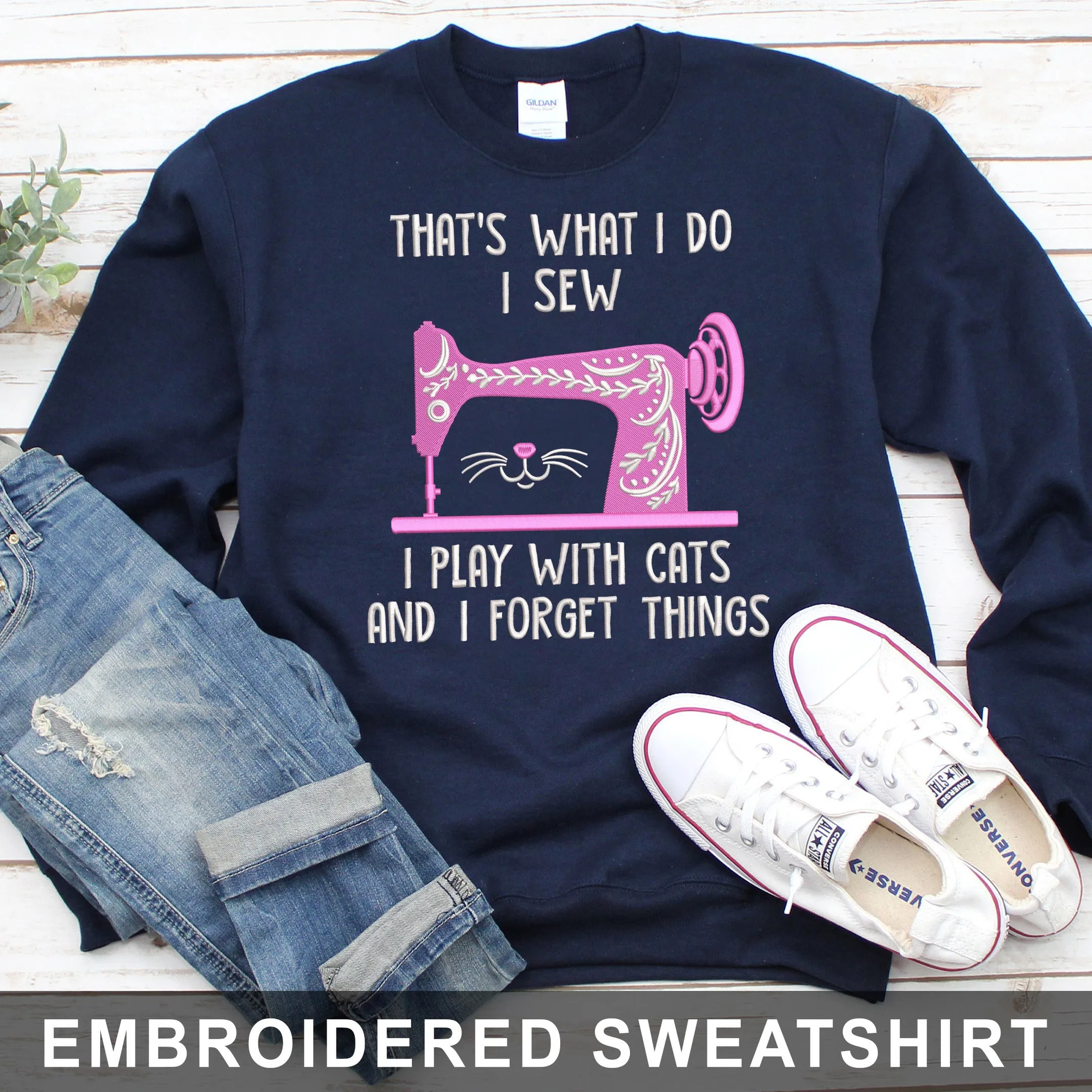 Love Cat And Sew Embroidered Hoodie, Sweatshirt