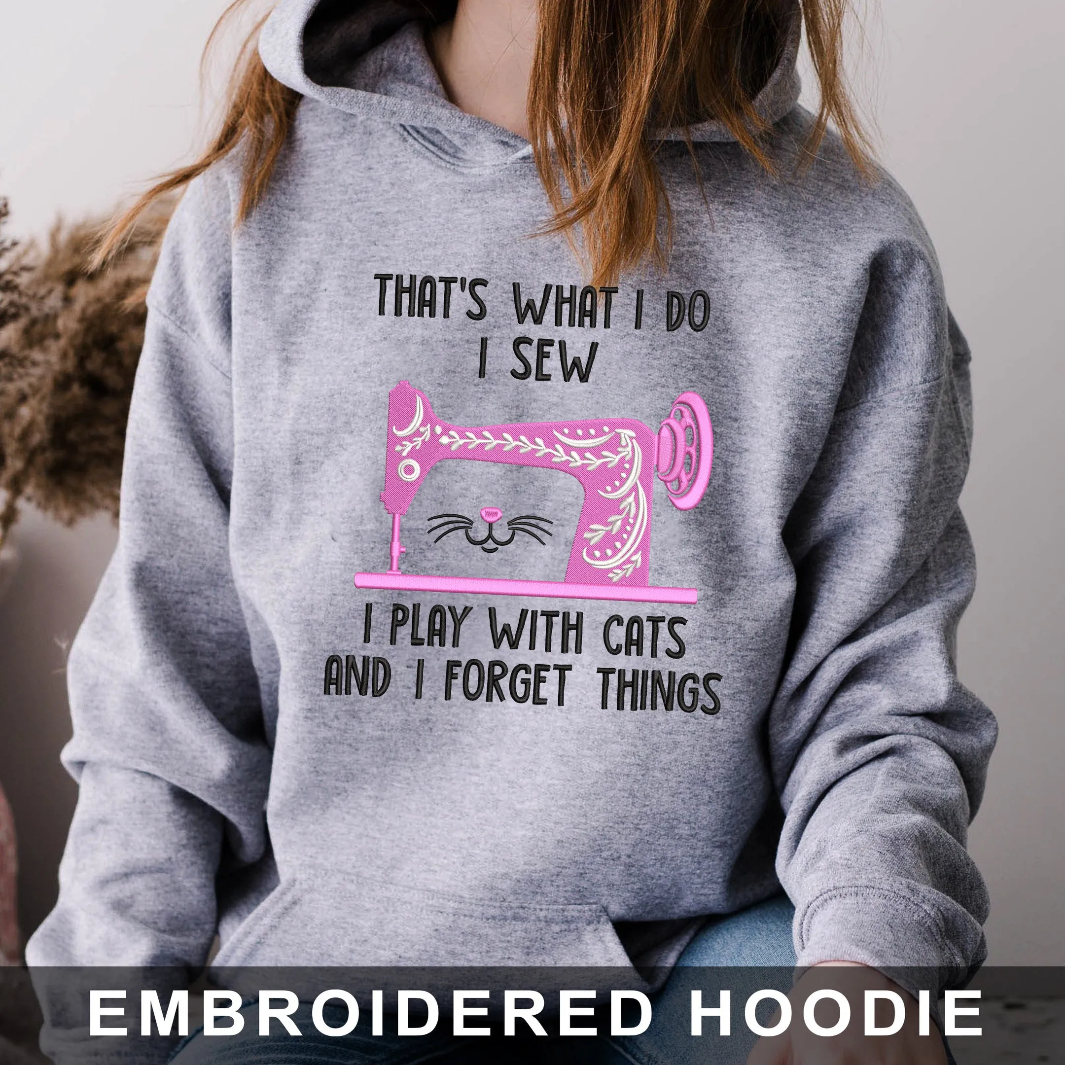 Love Cat And Sew Embroidered Hoodie, Sweatshirt