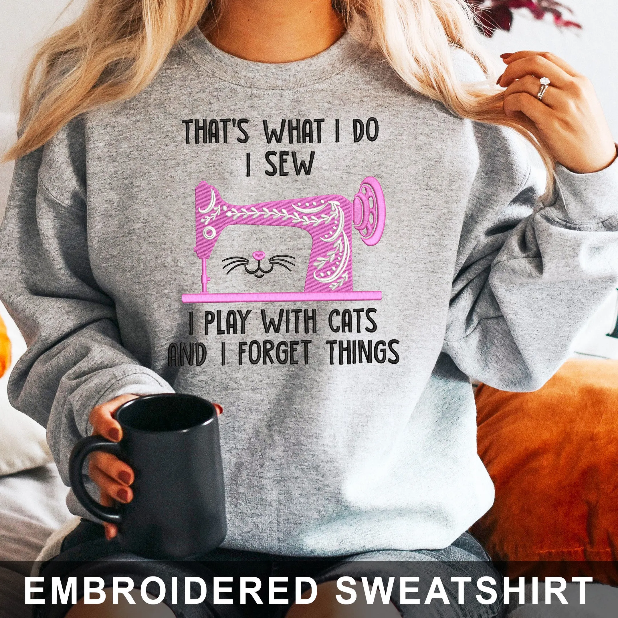 Love Cat And Sew Embroidered Hoodie, Sweatshirt
