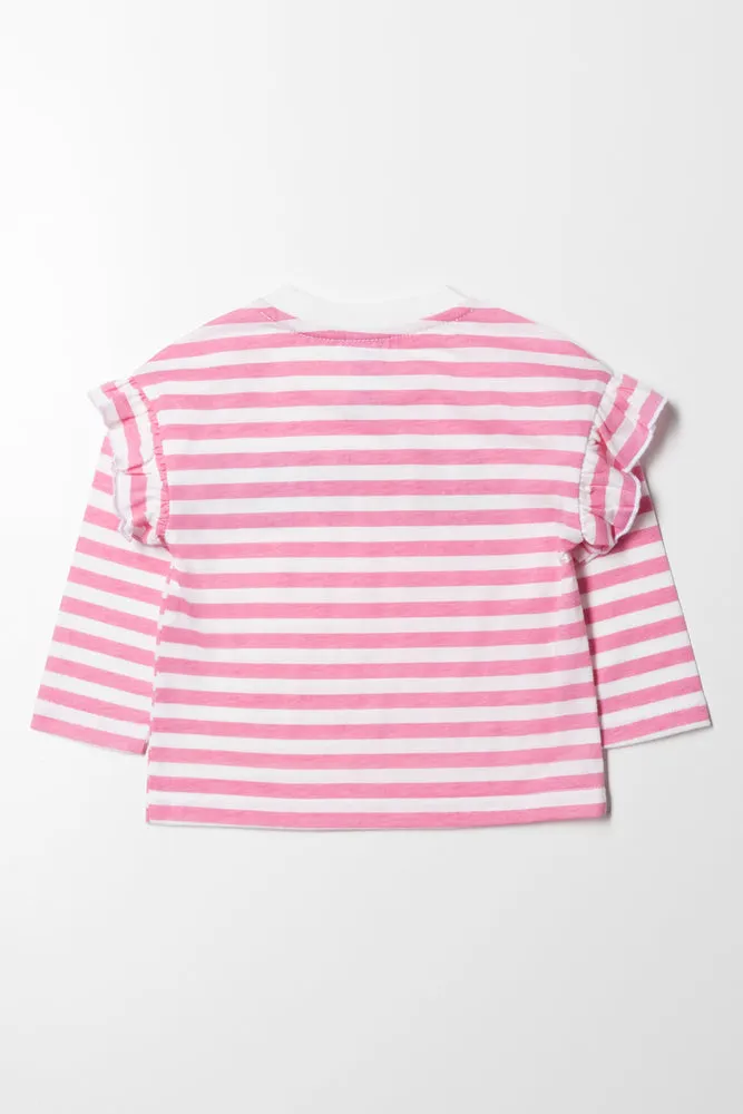 Love Stripe Frill Long Sleeve T-Shirt Pink