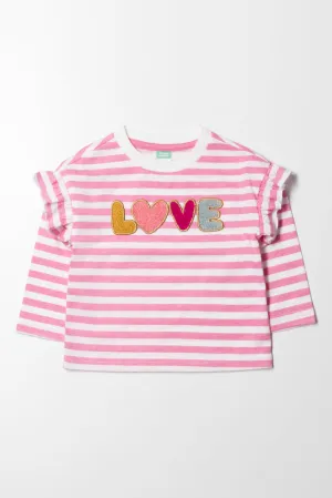 Love Stripe Frill Long Sleeve T-Shirt Pink