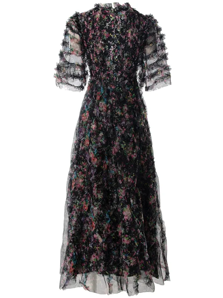 Melina V-Neck Short Sleeve Floral Print Ruffles Vintage Ball Gown Dress