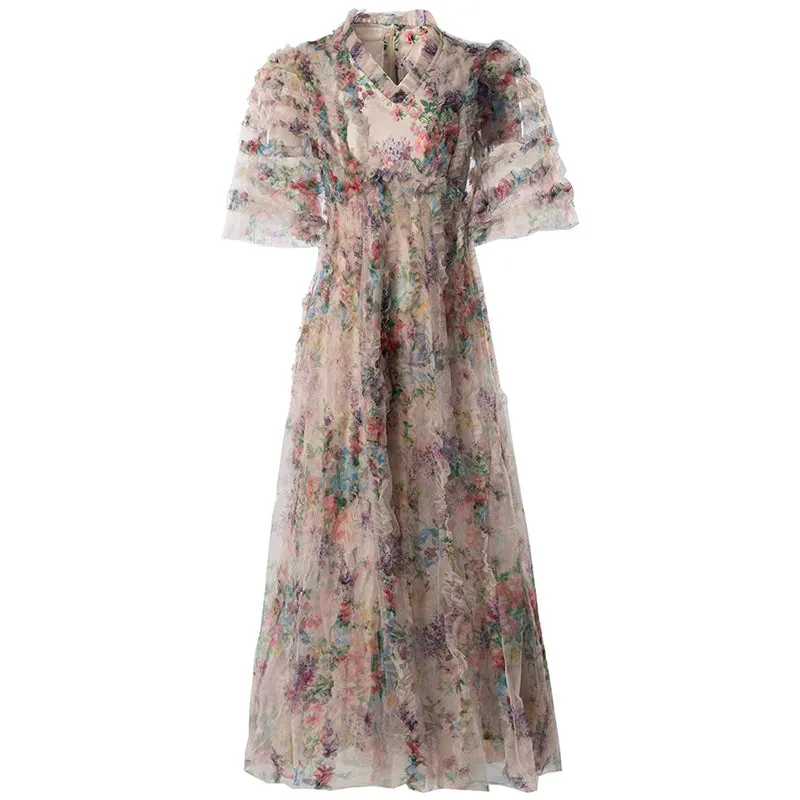 Melina V-Neck Short Sleeve Floral Print Ruffles Vintage Ball Gown Dress