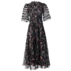Melina V-Neck Short Sleeve Floral Print Ruffles Vintage Ball Gown Dress