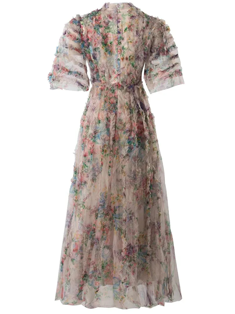 Melina V-Neck Short Sleeve Floral Print Ruffles Vintage Ball Gown Dress