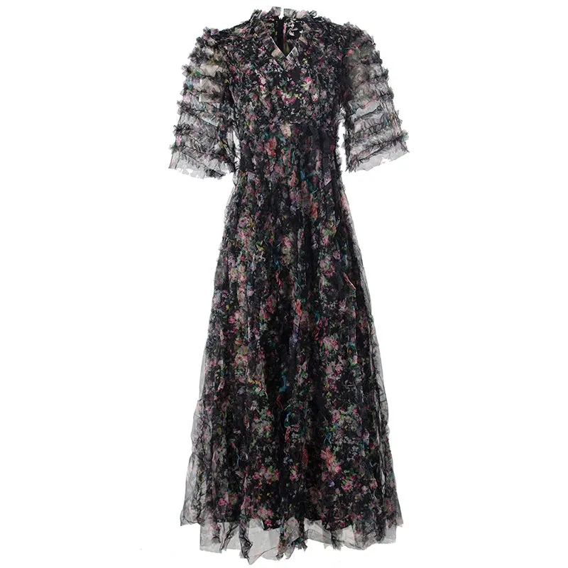 Melina V-Neck Short Sleeve Floral Print Ruffles Vintage Ball Gown Dress
