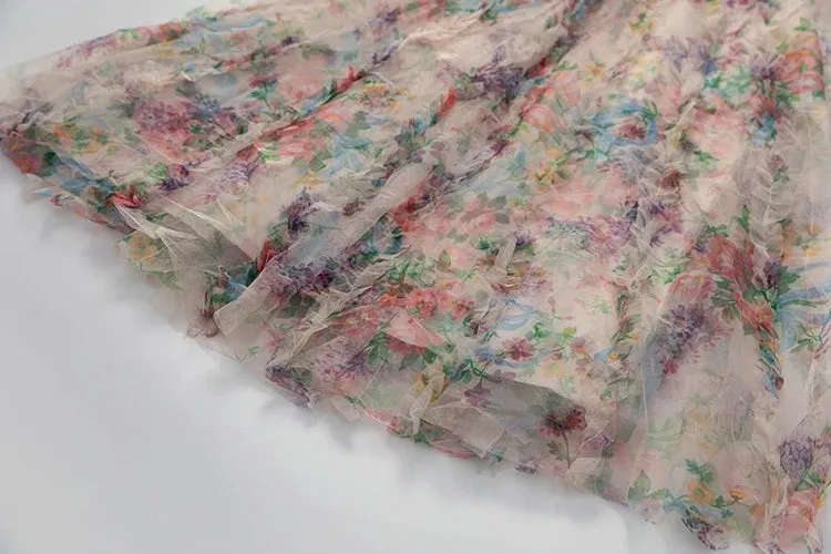 Melina V-Neck Short Sleeve Floral Print Ruffles Vintage Ball Gown Dress