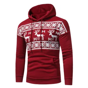 Men's Hooded Snow and Reindeer Print Drawstring Fleece Hoodie